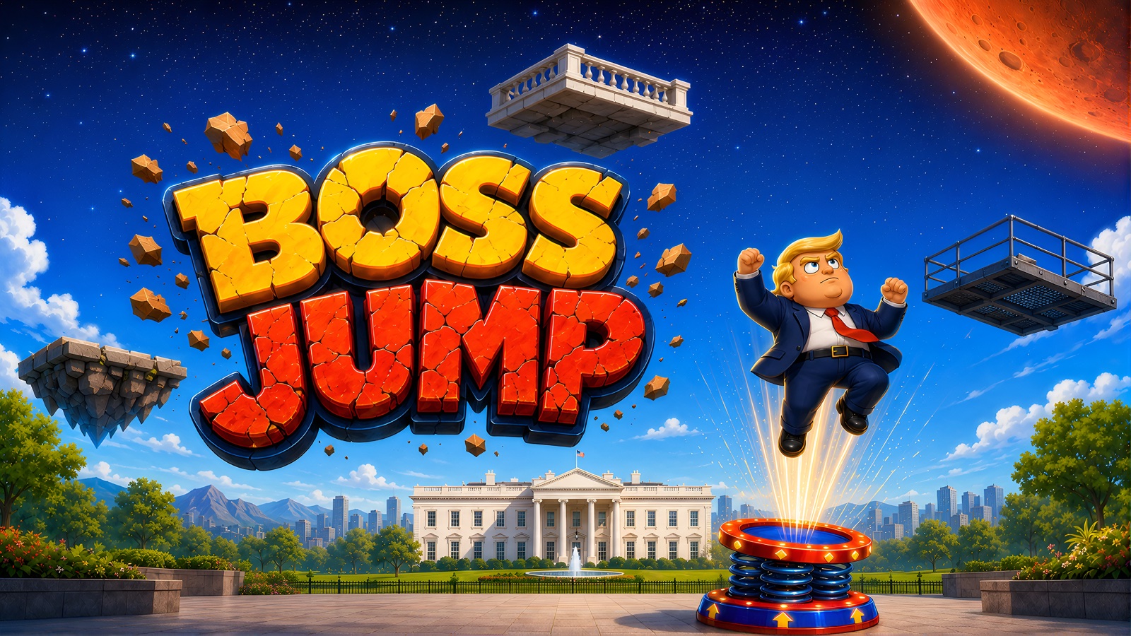 Boss Jump key artwork with the game title, launching character, spring platform, and city backdrop.